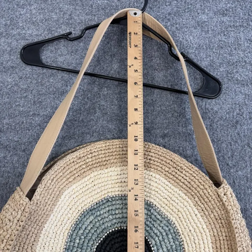 Skemo Round Straw Shoulder Bag Large Beige Evil Eye Rhinestone Boho Beach